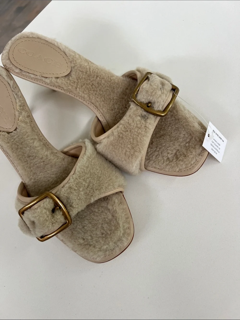 Coach shearling buckle open toe mule sandals natural cream 8.5